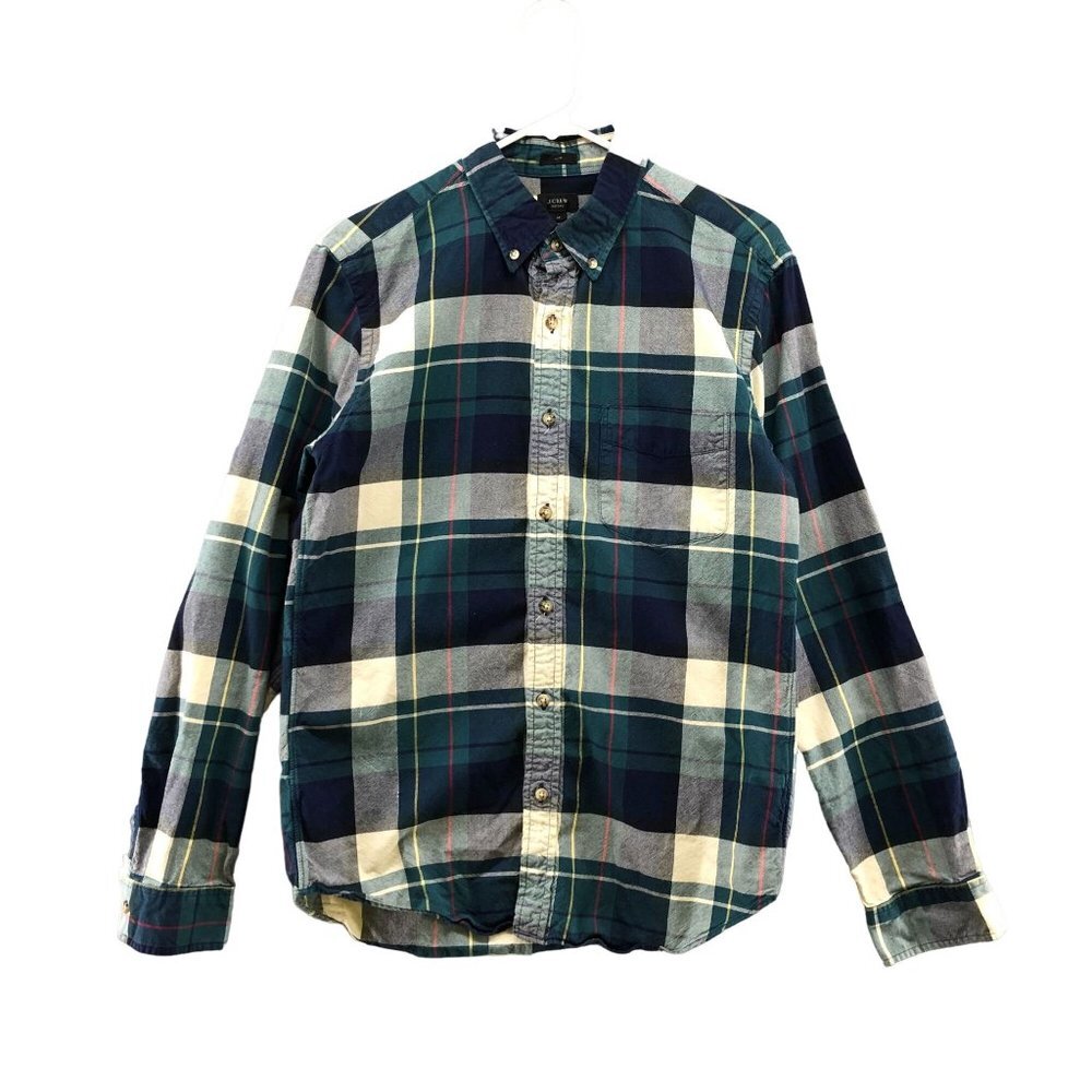 J. Crew Slim Oxford Long Sleeve Shirt Mens M Green Blue Plaid Cotton Button Down